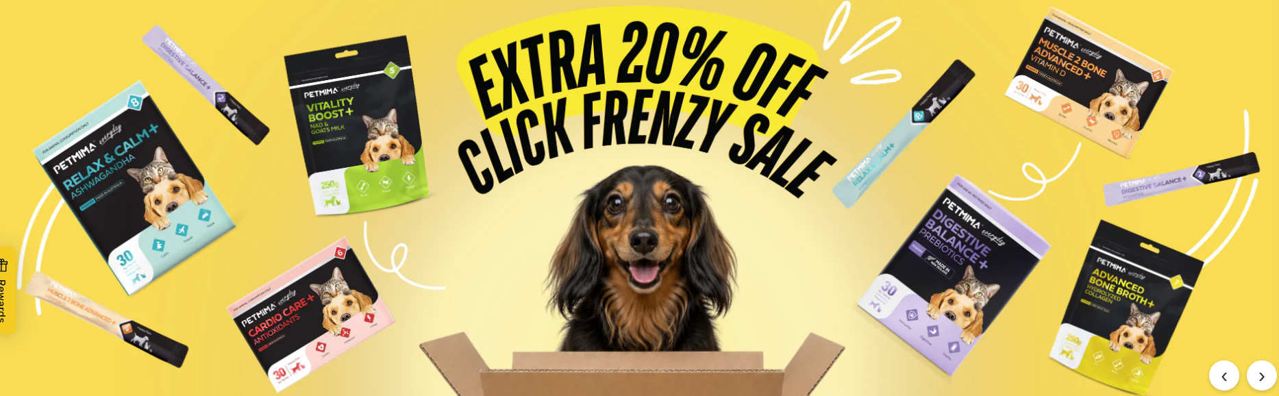 Dog featured in Click Frenzy pet supplement sale banner with extra 20 percent off promotion in Australia,Petmima